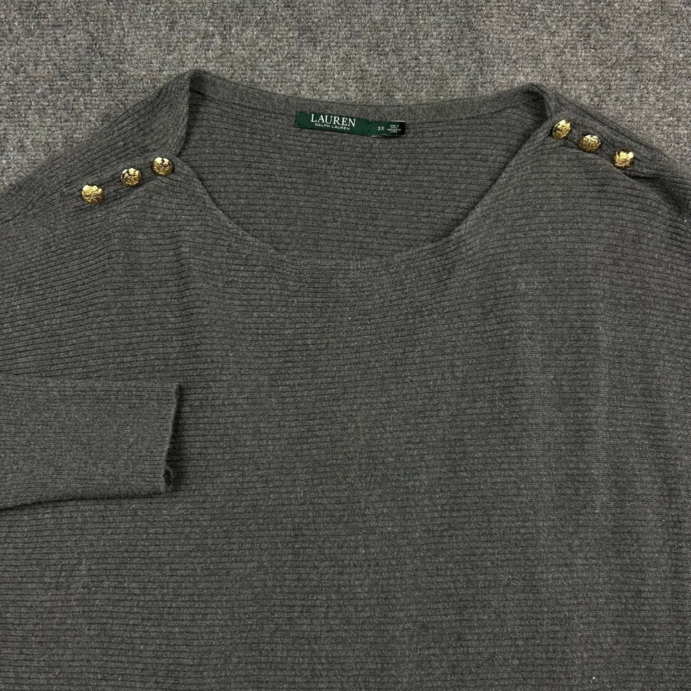 Lauren Ralph Lauren Sweater Women 3X Gray Gold Button 1/2 Batwing Sleeve Ribbed